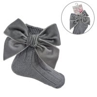 S126-G: Grey Ankle Socks w/Velvet Bow (0-24 Months)